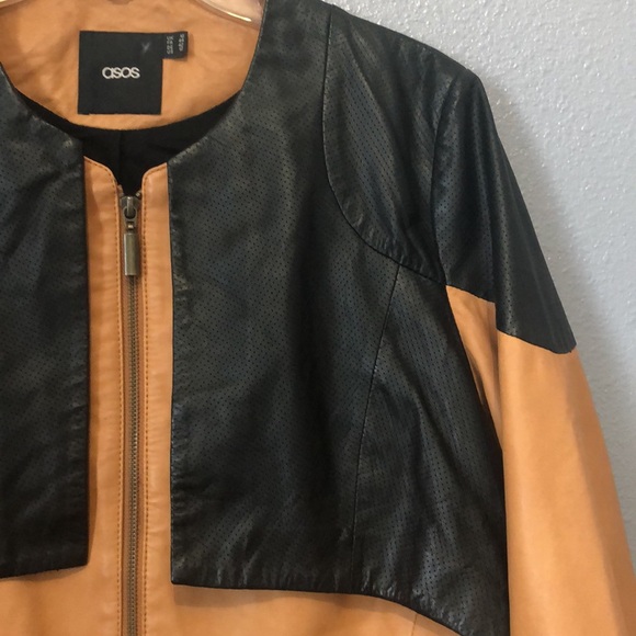 asos REAL Leather jacket Women's 12 camel brown black zip front crop coat EUC - Picture 5 of 16